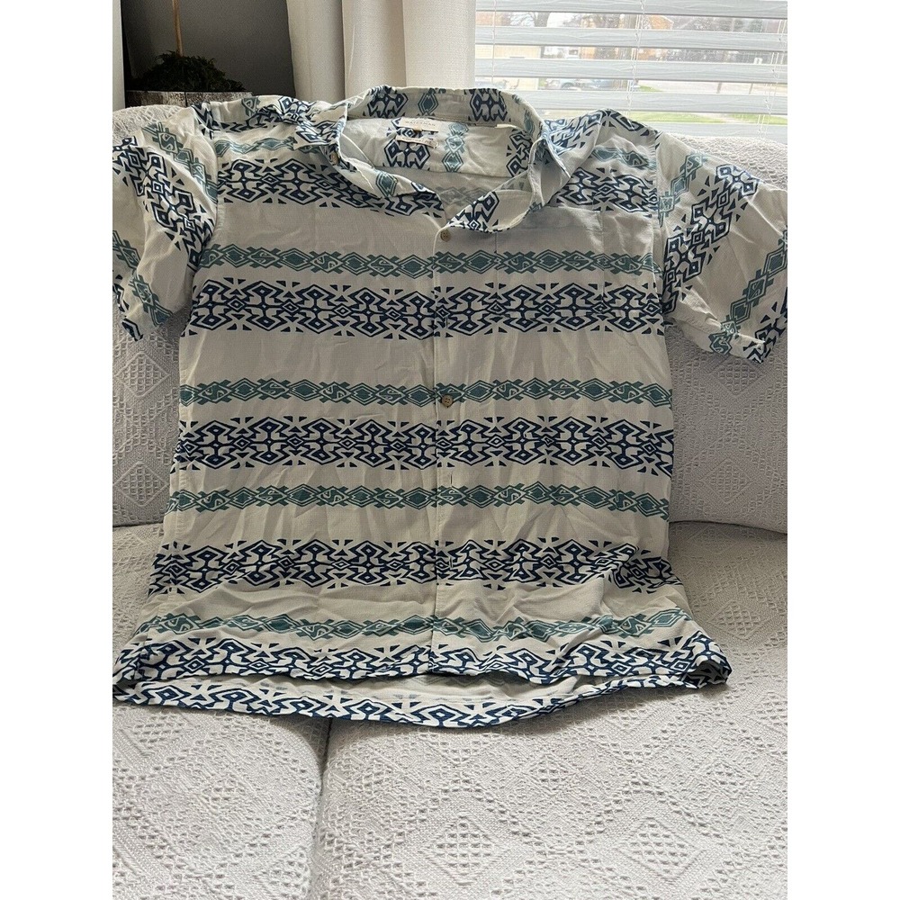 QUIKSILVER Waterman TENCEL Hawaiian Shirt Tapa Mood White Blue Men's Large